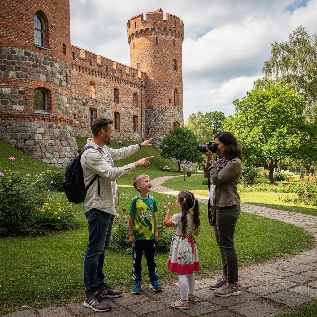 Viduslaiku pils apmeklējums ar skaistu ainavu fonā.